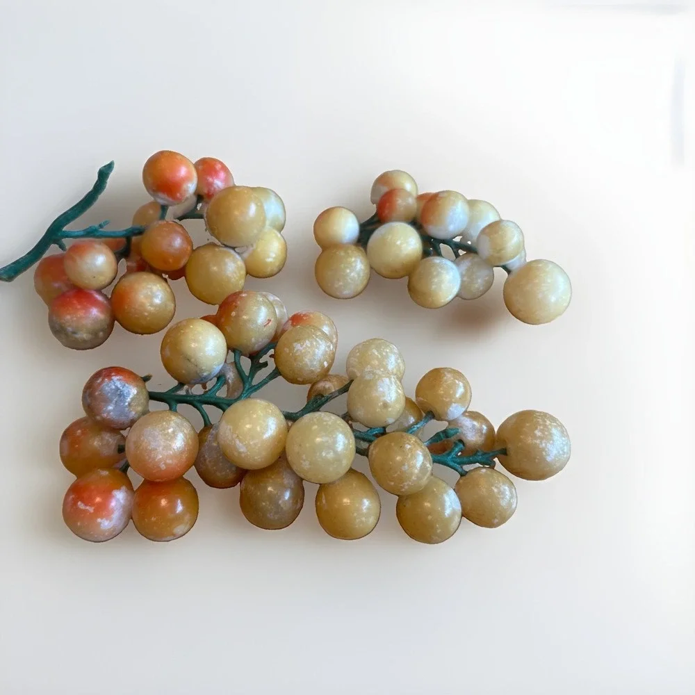 Vintage Alabaster Stone Fruit Grapes 3 Cluster Orange Yellow Plastic Stem *READ
